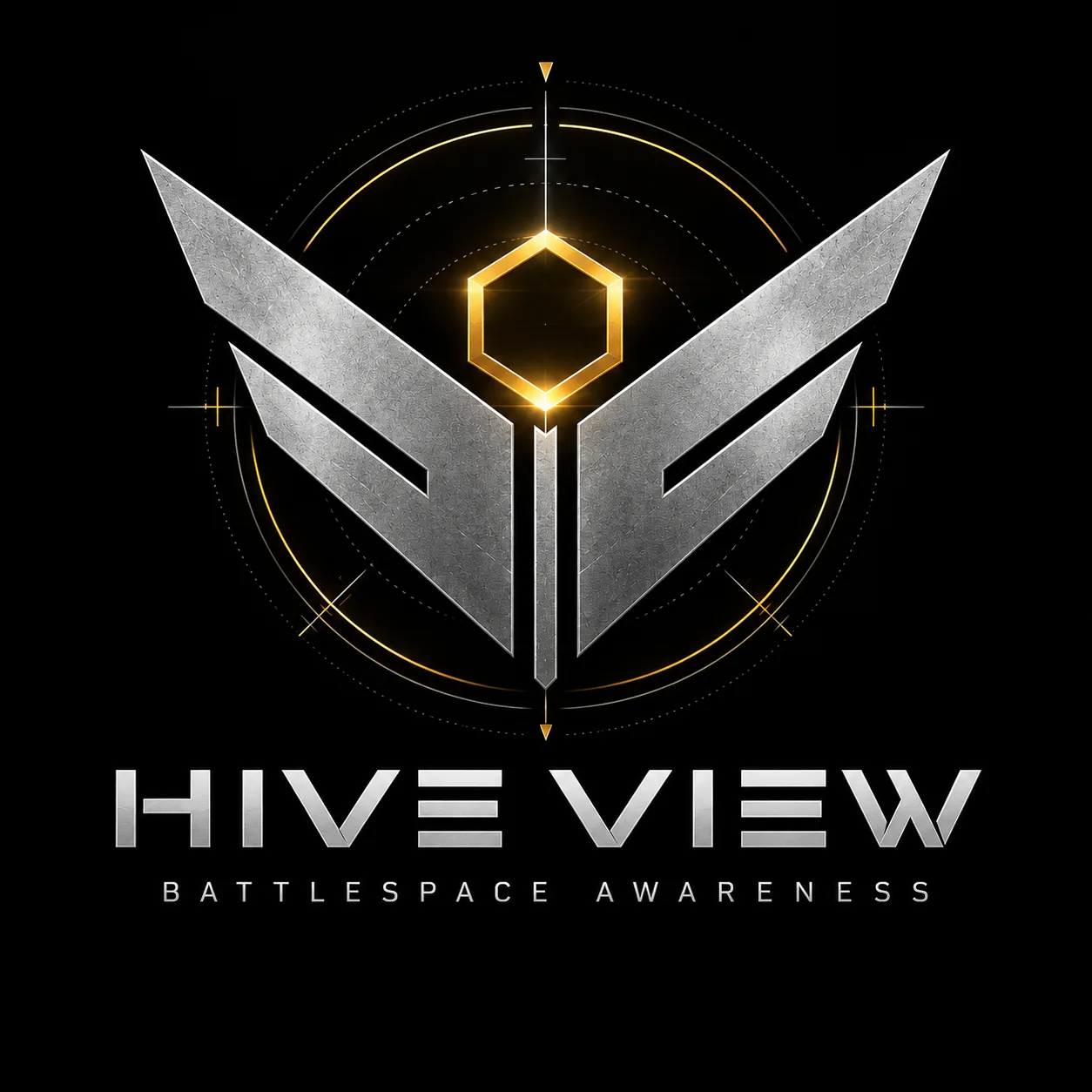 Hive View Battlespace Awareness emblem: steel wings around a glowing gold hexagon