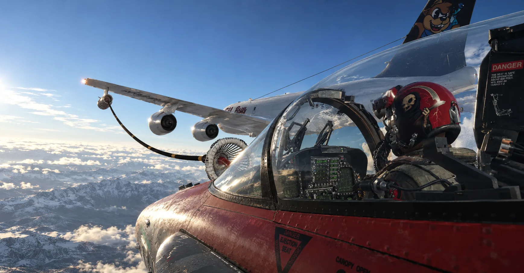 Pilot in a red Wet Death helmet tanking behind a refueling aircraft high above snow-covered mountains