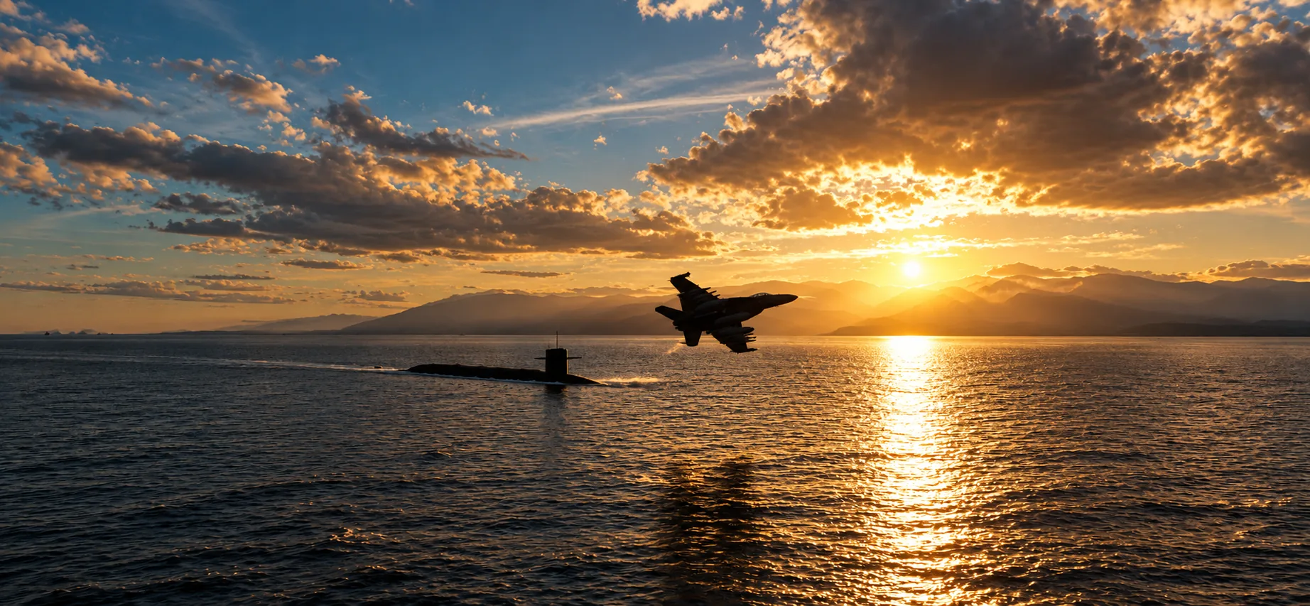 A fighter jet in silhouette banking low over the water past a surfaced submarine at sunset, mountains on the horizon
