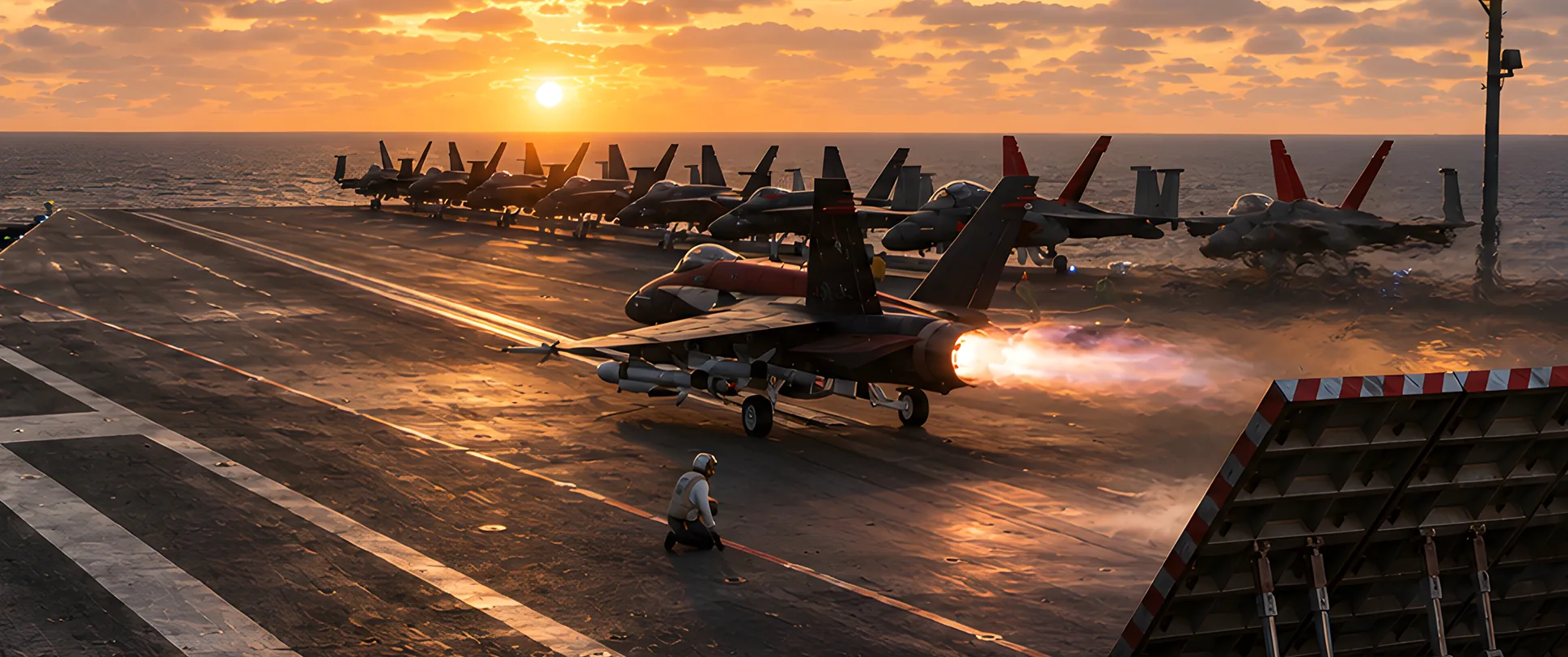 A Wet Death Hornet in afterburner on the catapult of USS Leviathan at sunset, the deck lined with CVW-0 aircraft