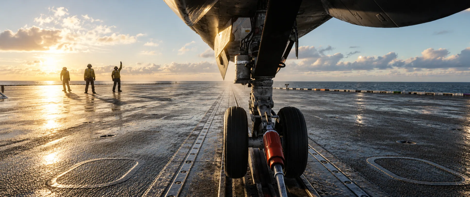 Low view along a wet carrier deck at sunset: a jet's nose gear hooked to the catapult shuttle while flight deck crew signal in the distance