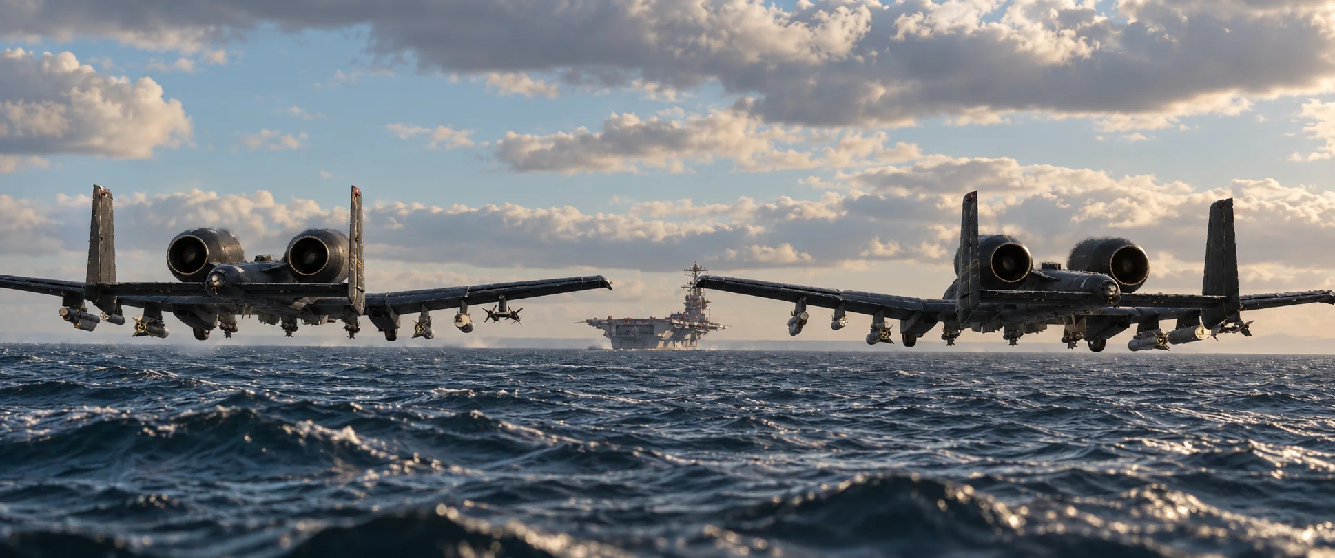 Two A-10 Warthogs flying low over the ocean toward USS Leviathan