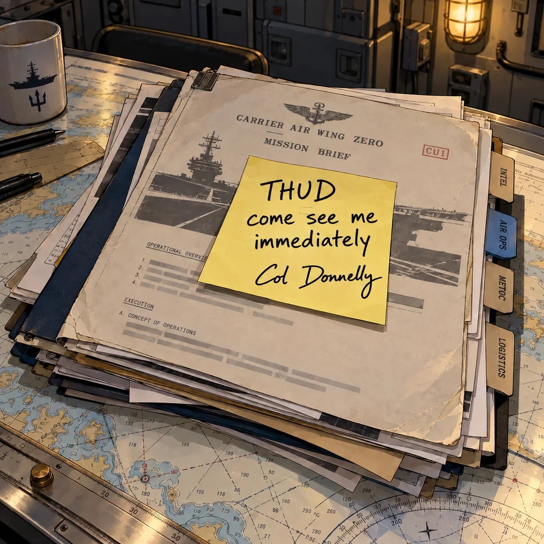 A Carrier Air Wing Zero mission brief on a chart table with a sticky note reading: THUD, come see me immediately. Col Donnelly