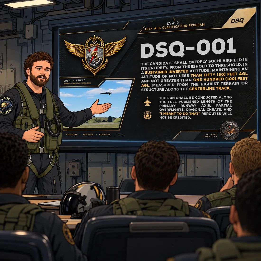 A VF-32 pilot briefs a ready room full of new pilots in front of a screen reading DSQ-001