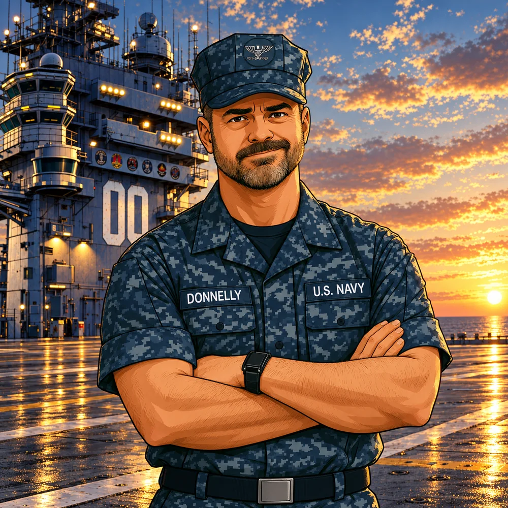 Donnelly on the flight deck at sunset