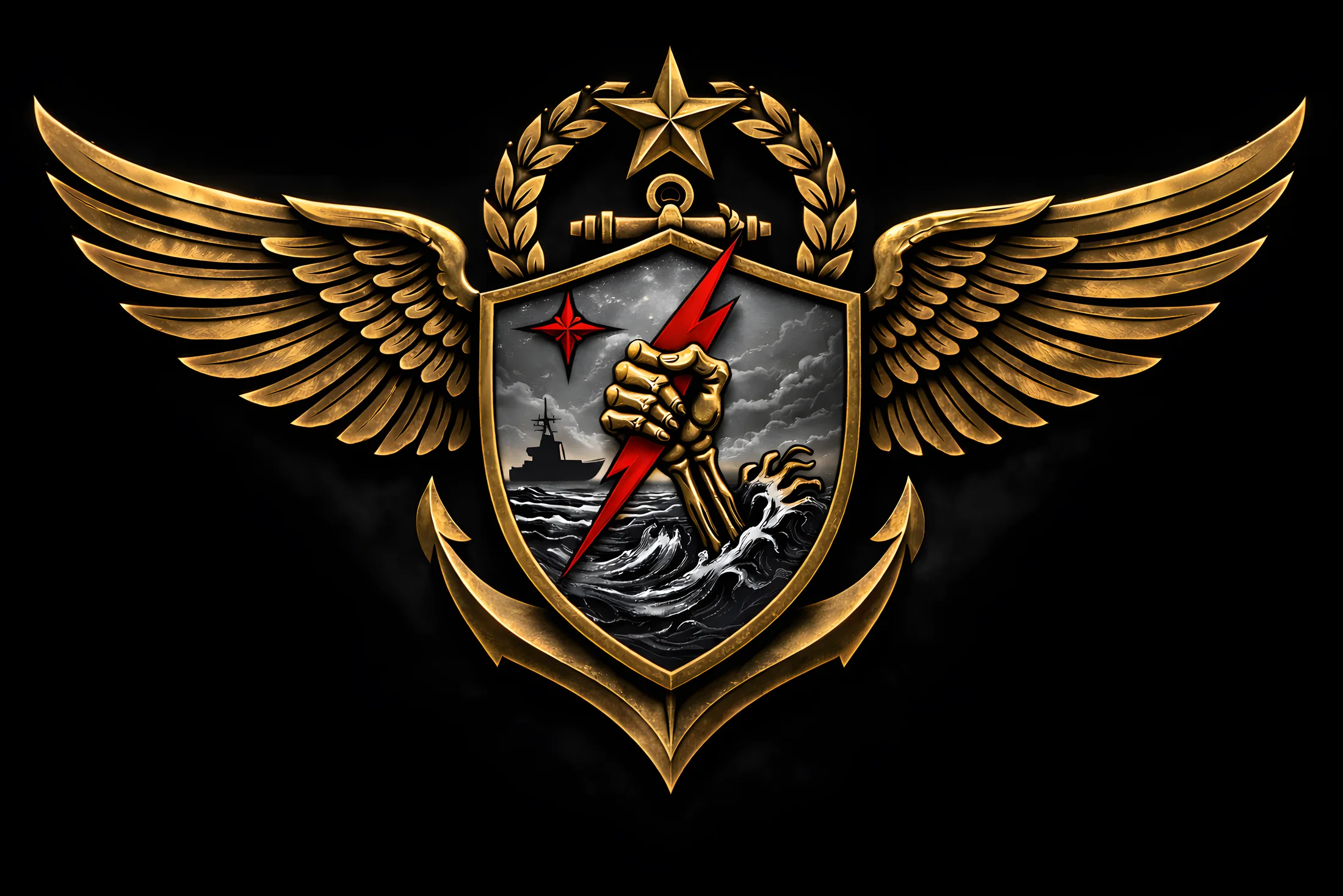 CVW-0 gold wings insignia: winged shield with anchor, star and laurel, a skeletal hand gripping a red lightning bolt rising from the sea